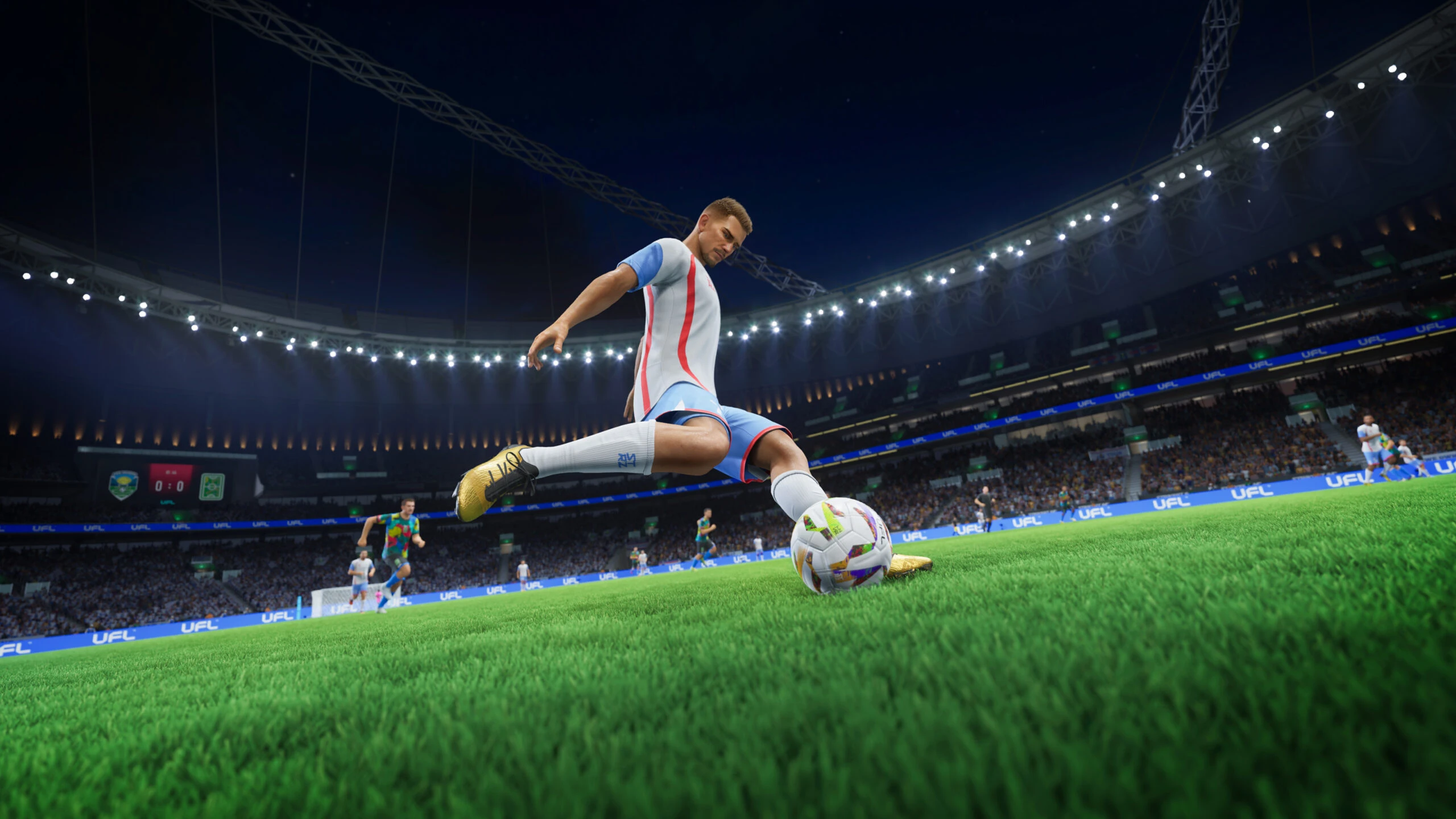 UFL PC-Screenshot – detaillierter Unreal-Engine-5-Fußballer beim Jubeln im Stadion